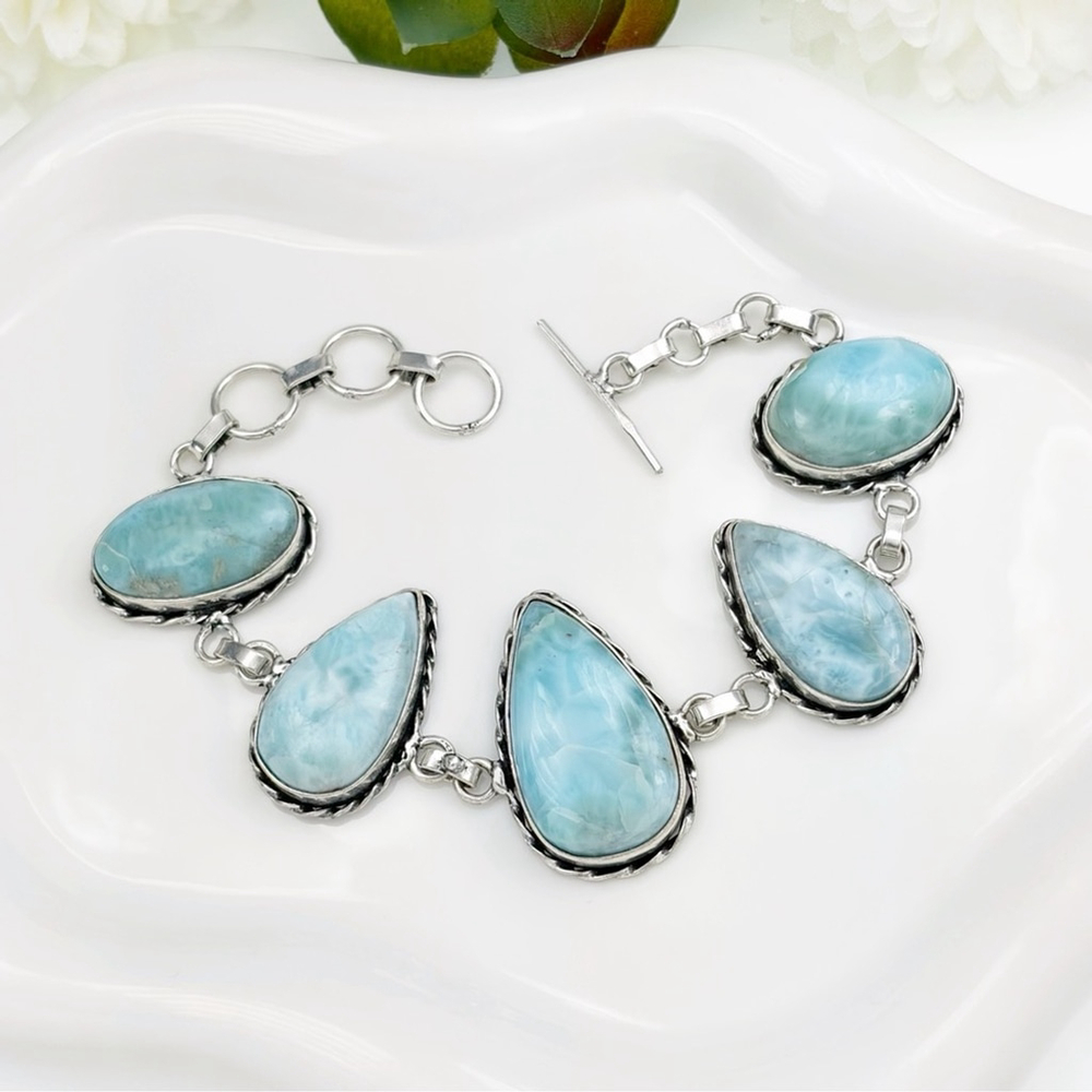 Blue Larimar Chunky Gemstone Bracelet Oval Pear New 925 Overlay - Picture 5 of 8